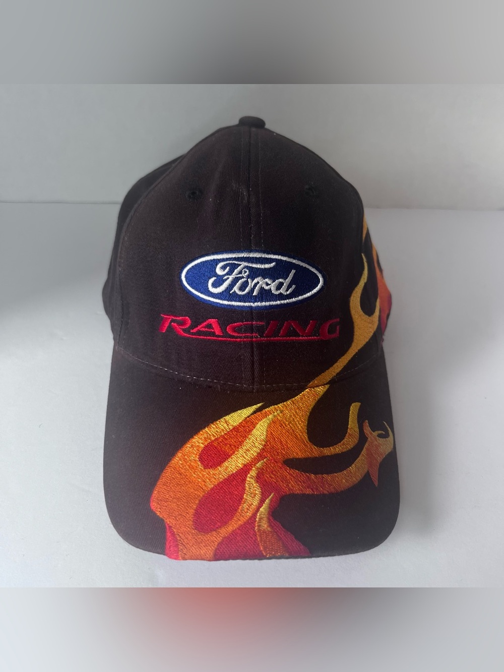 Ford Racing Baseball Hat Cap Adjustable Flames Racing Oval Logo Black Brown